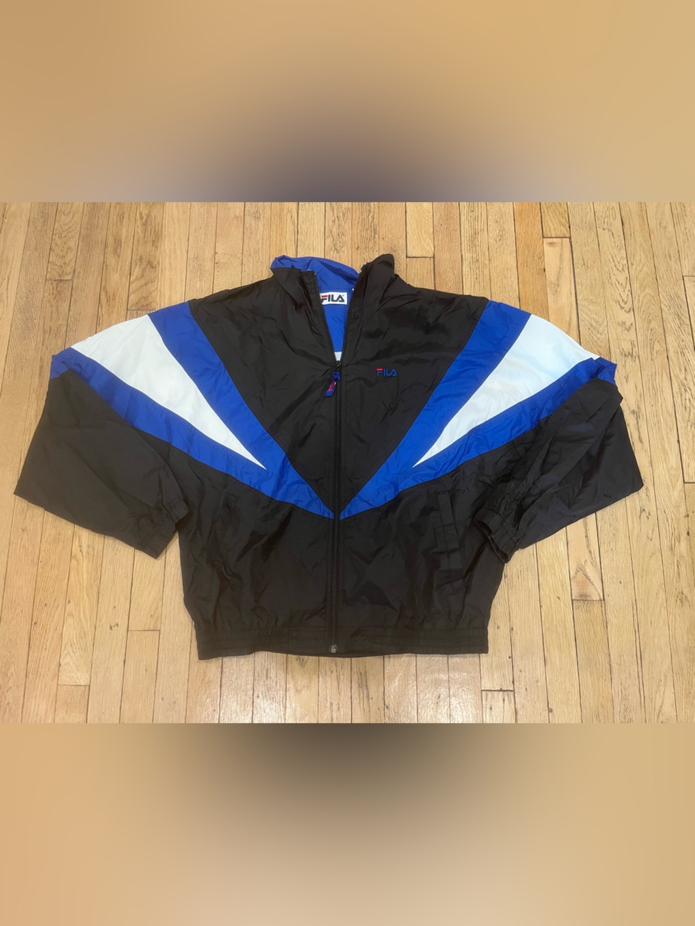 FILA Black, Blue & White Chevron Windbreaker Vintage Jacket Large Retro